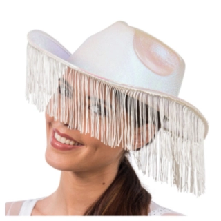Glitrende Cowboyhatt med Frynser Hvit