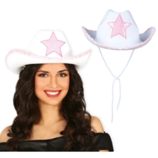 Cowgirl Stjerne Cowboyhatt Hvit og Lyserosa